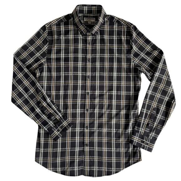 EXPRESS Fitted Black & White Plaid Nylon Button Down Dress Shirt Men’s Medium - Picture 1 of 6